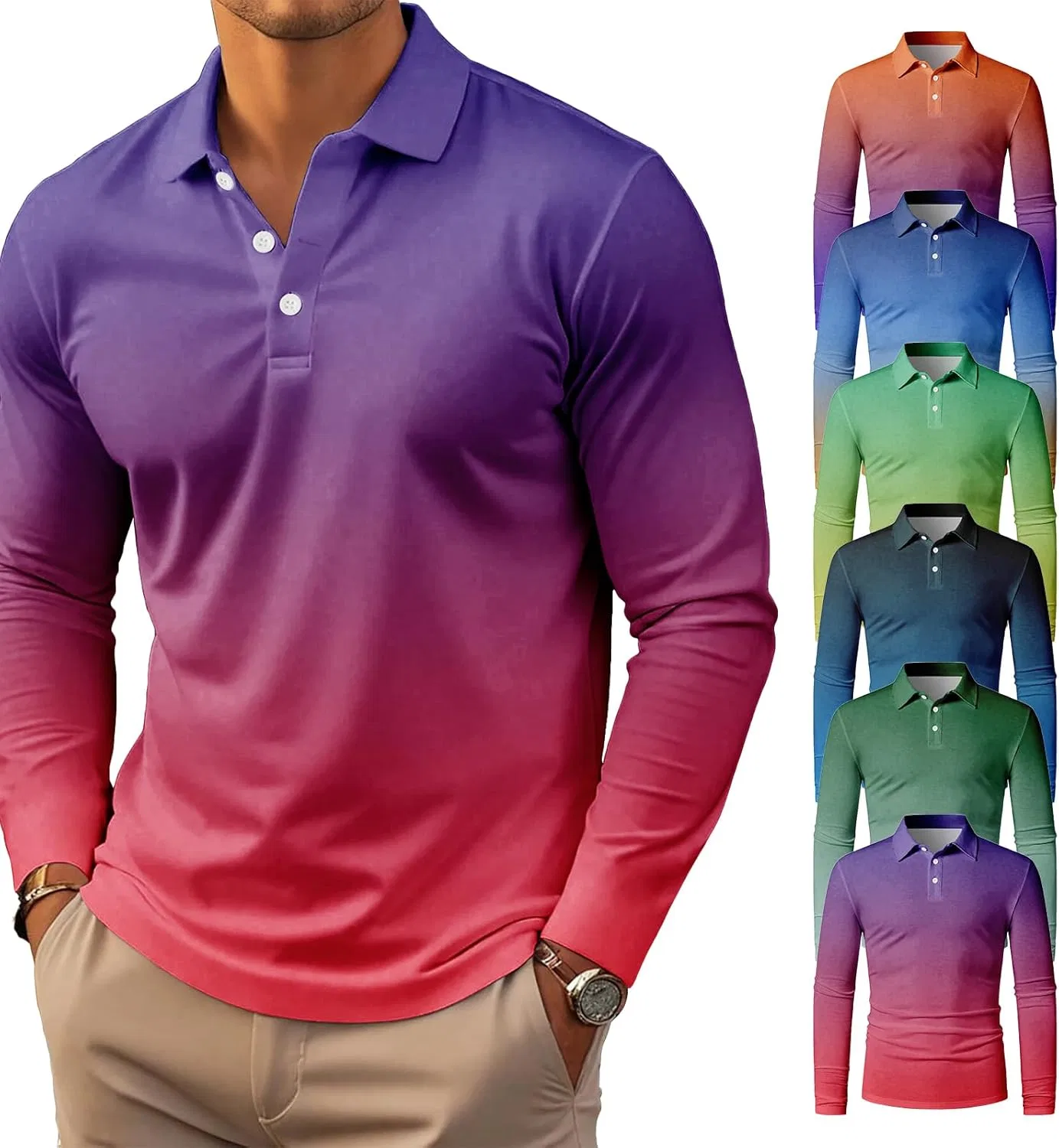 Мужское поло с градиентом, длинный рукав, 6 шт, Polyester/Cotton, #4
