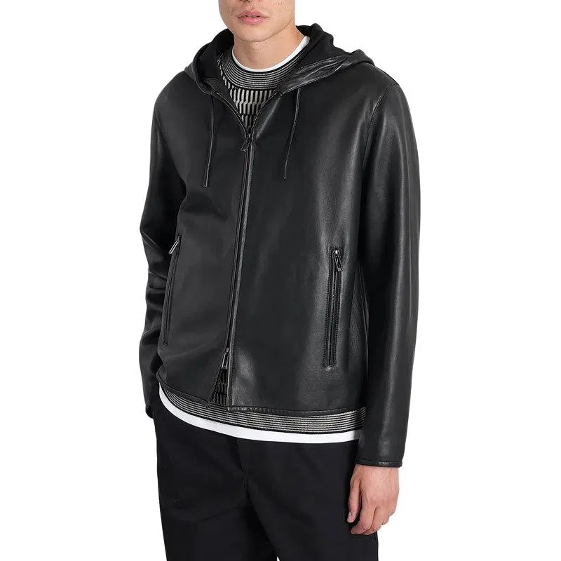 Куртка кожаная с капюшоном Emporio Armani черная