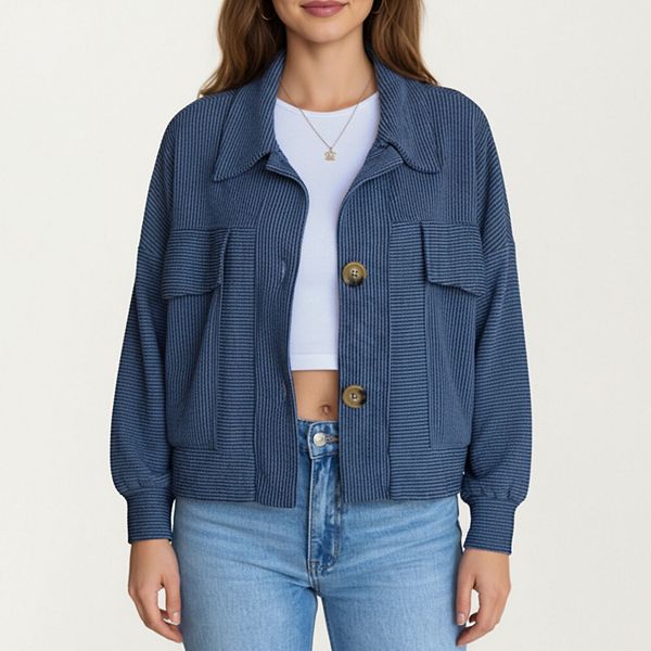 

Женская текстурированная вязаная куртка на пуговицах с длинными рукавами, оверсайз, с накладными карманами и структурным подолом Anna-Kaci, Navy