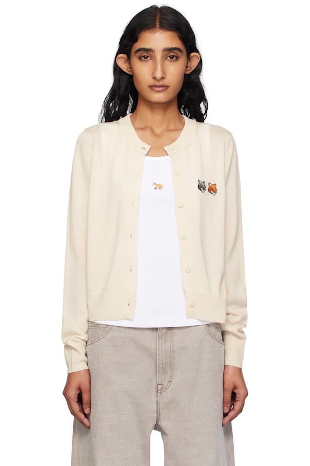 

Кардиган с вышивкой в виде двойной головы лисы Maison Kitsuné, цвет latte