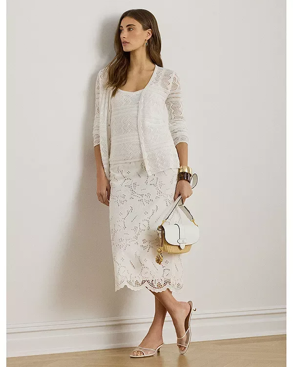 Кардиган с V-образным вырезом из ажурной льняной смеси Ralph Lauren, White — фото 2