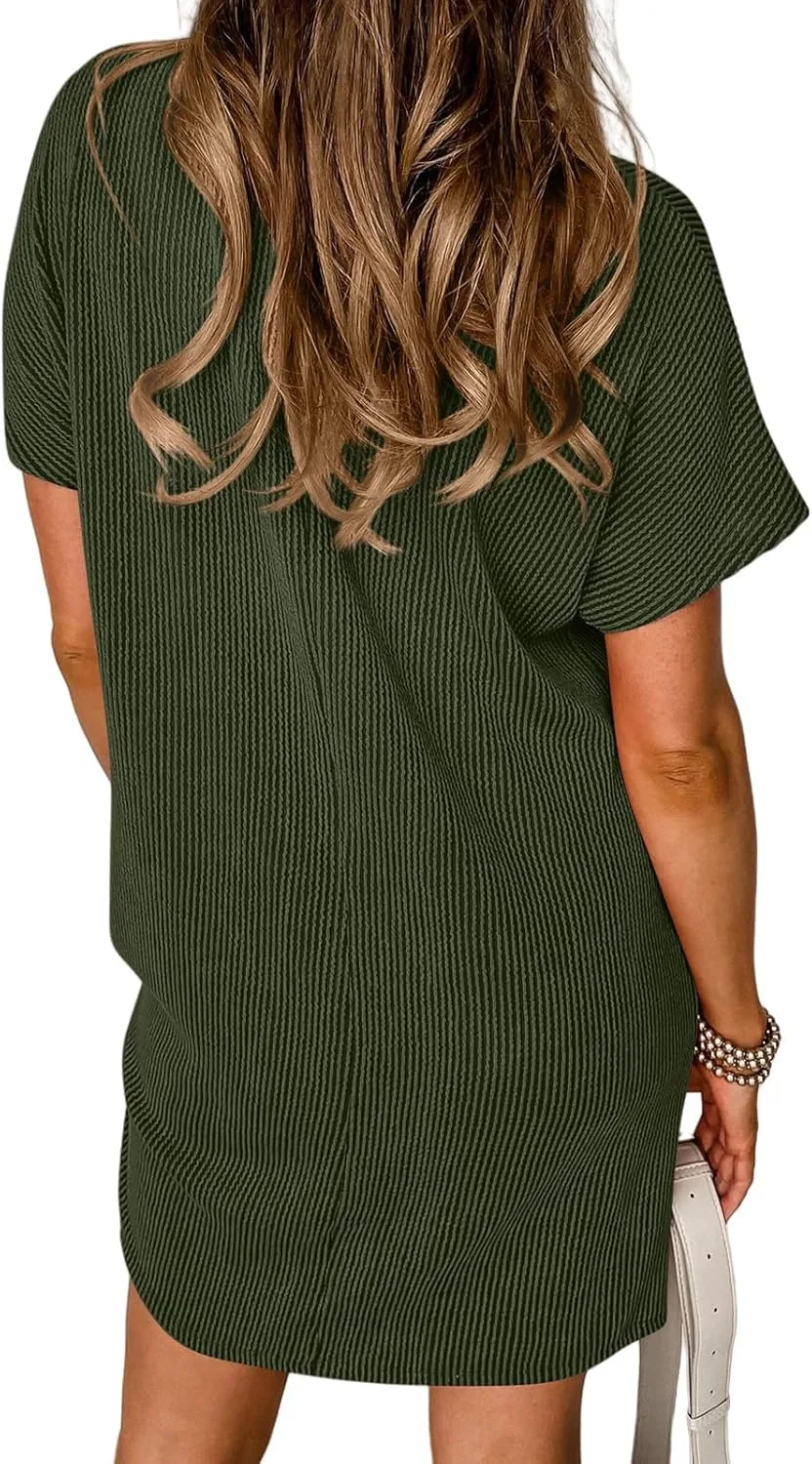 Женские повседневные летние платья: мини-платье с круглым вырезом и коротким рукавом, полосатое, текстурированное, в рубчик, платье-футболка, деловое платье Generic, зеленый — фото 3