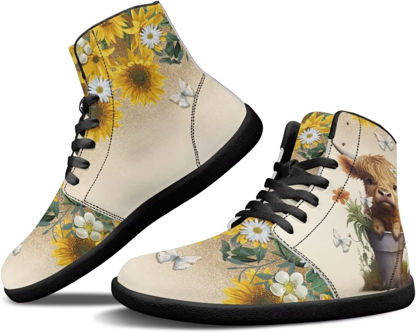 

Кроссовки Binienty Wide Минималистичные Босоногообразные Мужские и Женские Осенне-Зимние Ботинки Высокие Верхи из ПУ Кожи Обувь с Нулевым Падением, Highland Cow Daisy