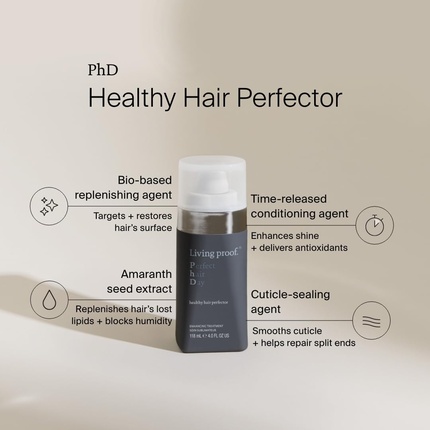 Perfect Hair Day Healthy Hair Perfector Лосьон для ухода за волосами для сухих и поврежденных волос Защищает, придает блеск и гладкость Не тестируется на животных Не содержит силикона и сульфата 60 мл Living Proof — фото 3