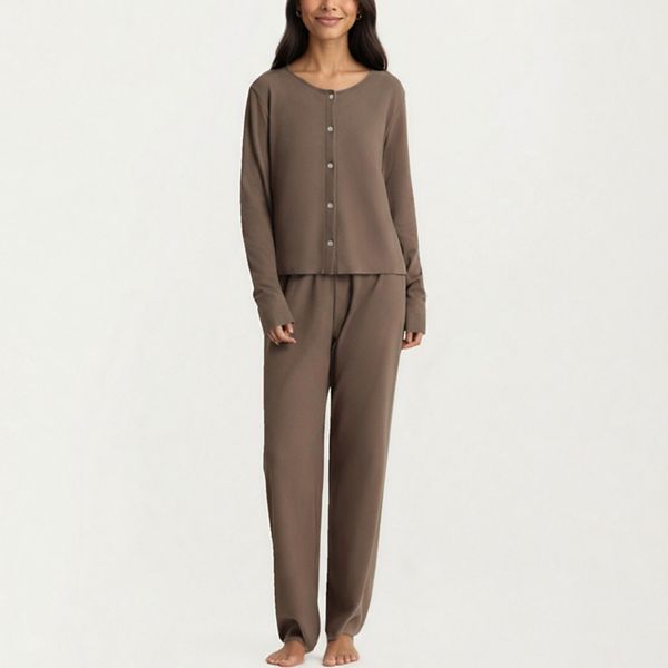 

Женский комплект из 2 предметов: мягкие трикотажные брюки и кардиган на пуговицах с топом Anna-Kaci, Coffee