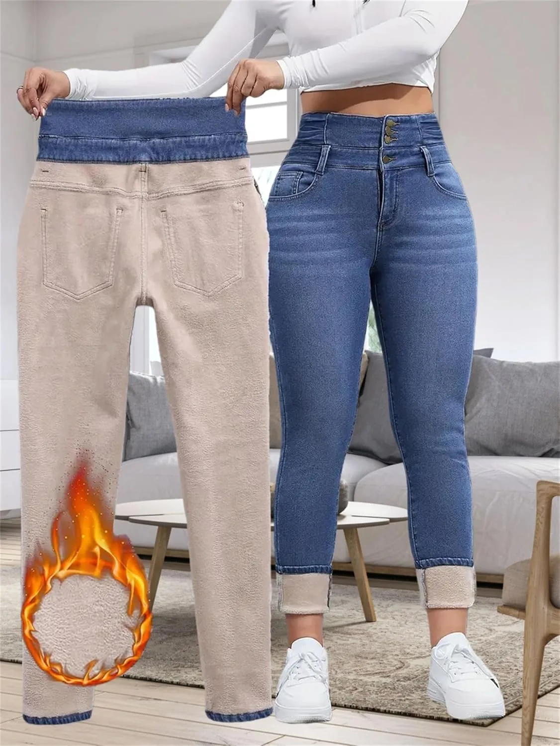 Женские джинсы с флисовой подкладкой, термо, slim fit, super high waisted — фото 4
