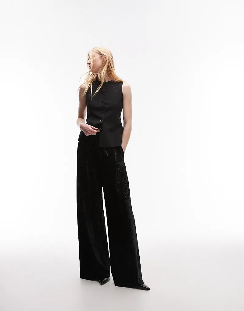 

Широкие брюки из мятого бархата с узким поясом черного цвета Topshop