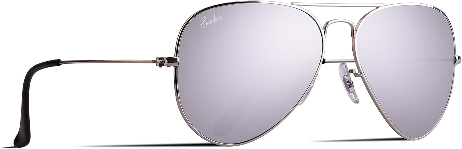 

Классические солнцезащитные очки-авиаторы с зеркальным покрытием для мужчин и женщин, 100% защита от УФ-излучения UV400, серебристые линзы, серебристая металлическая оправа Berikin, Sliver Flash Lenses/Sliver Frame