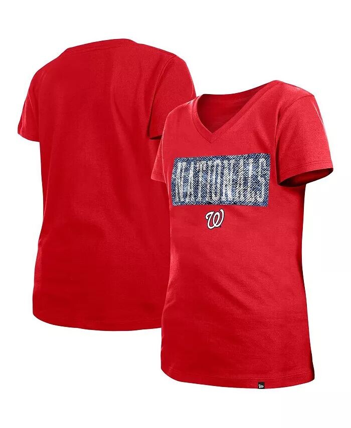 Футболка Big Girls Red Washington Nationals Flip Sequin Team с V-образным вырезом New Era — фото 2
