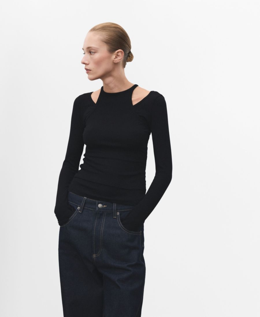 

Женская ребристая комбинированная футболка MANGO, Black