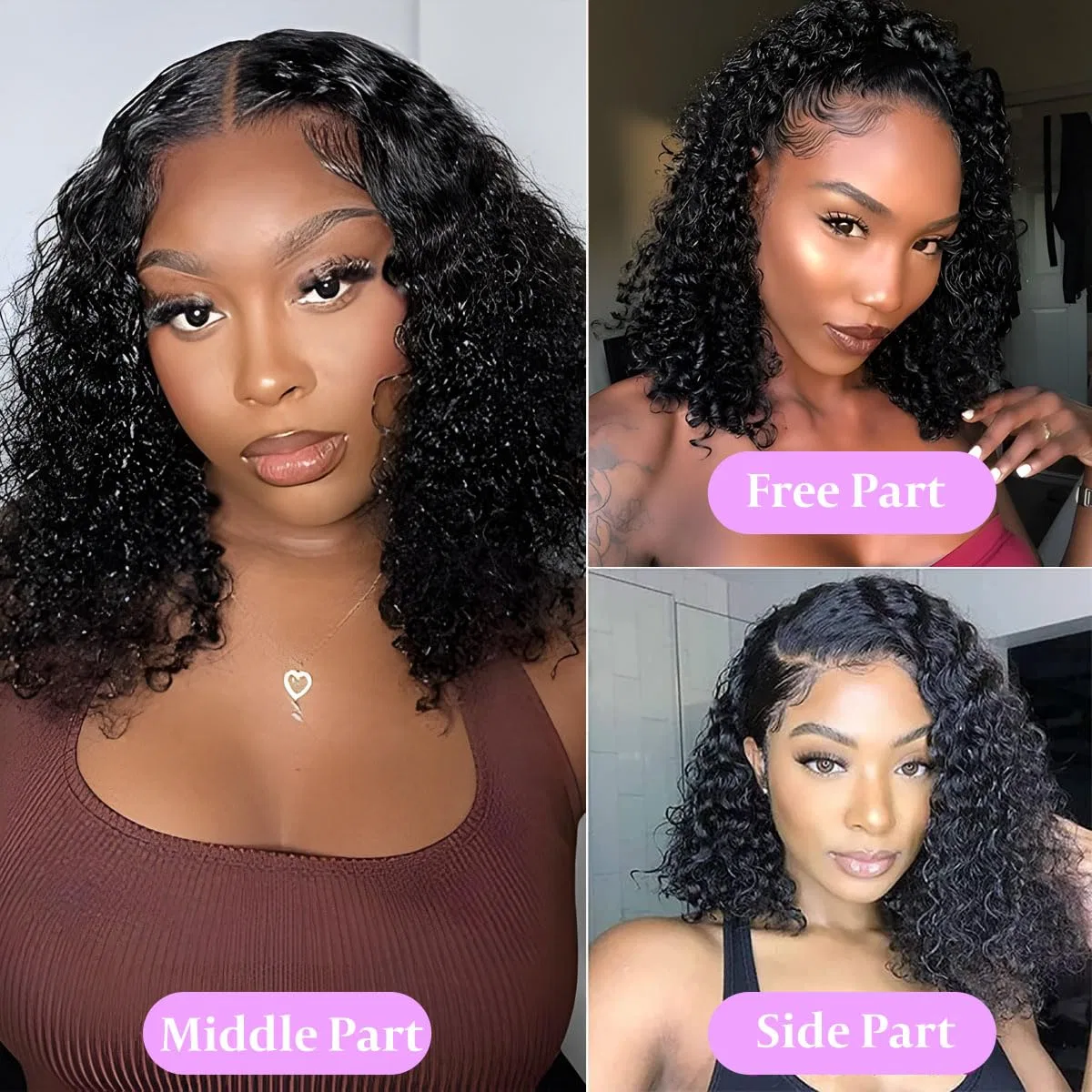 Парик Lace Front Bob с глубокими кудрями из натуральных человеческих волос 14 дюймов Nicmiss, (13X4 Lace Deep #1B) — фото 2