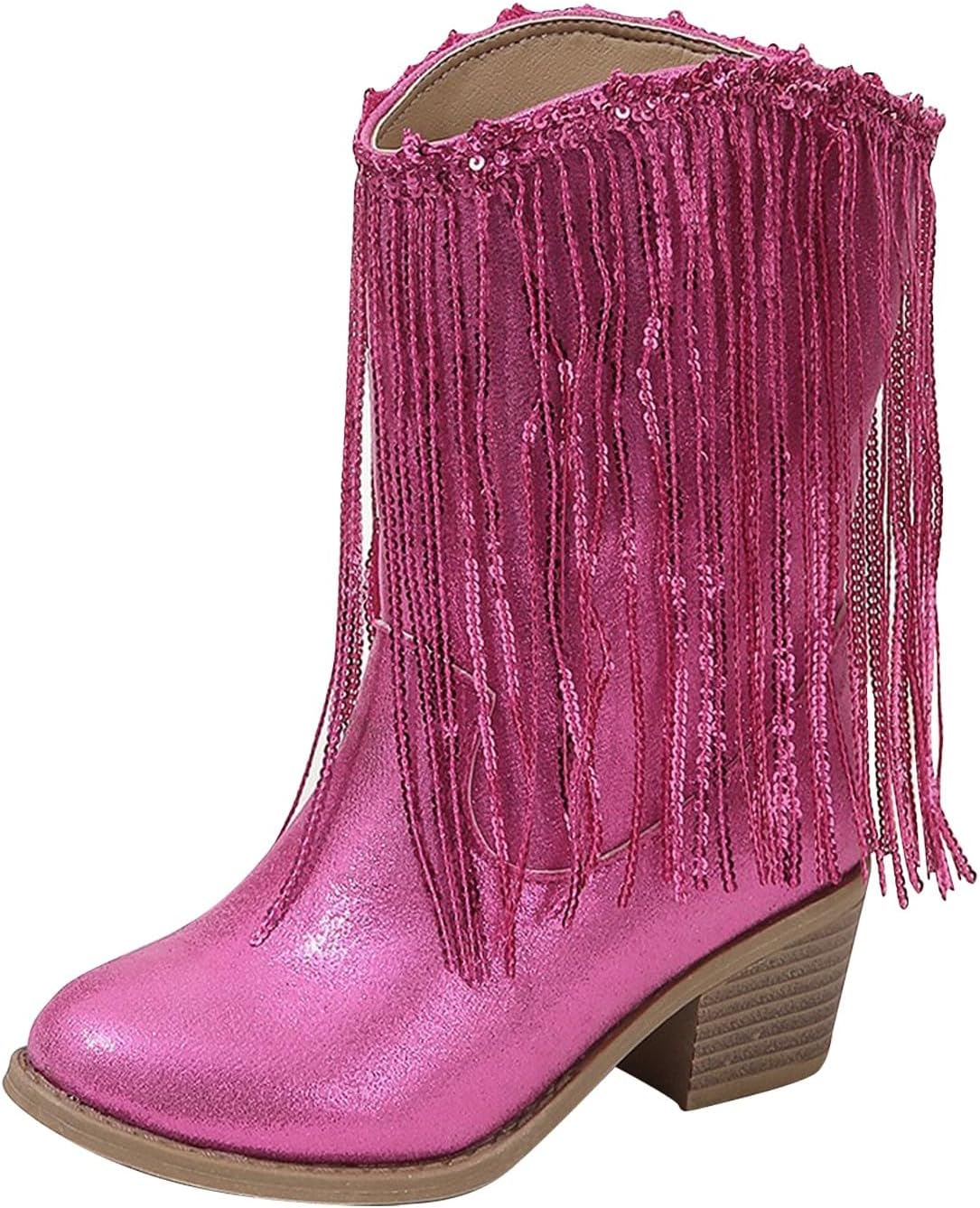 

Детские ковбойские ботинки с бахромой и боковой молнией для девочек, водонепроницаемые мокасины, плоская обувь для улицы, слипоны Generic, розовый