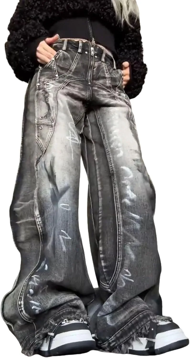 

Джинсы прямые свободные с граффити и аппликацией в стиле Y2K MEOKIM