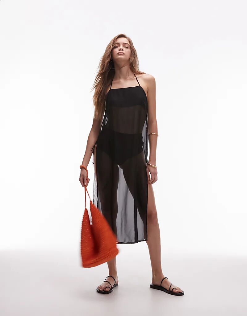 

Длинный шифоновый топ на бретелях ASOS DESIGN черного цвета