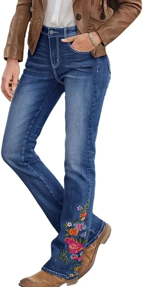 

Джинсы Bell Bottom для женщин Plus Size с цветочной вышивкой QERINTE