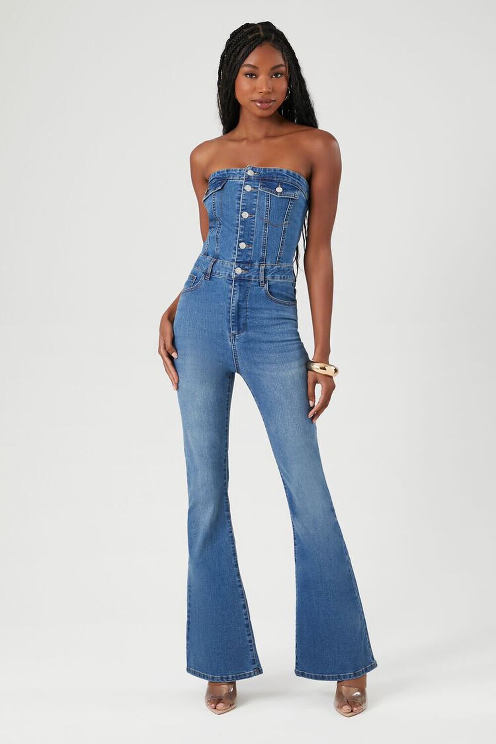 

Джинсовый комбинезон без бретелек с расклешенными ногами Forever 21, деним