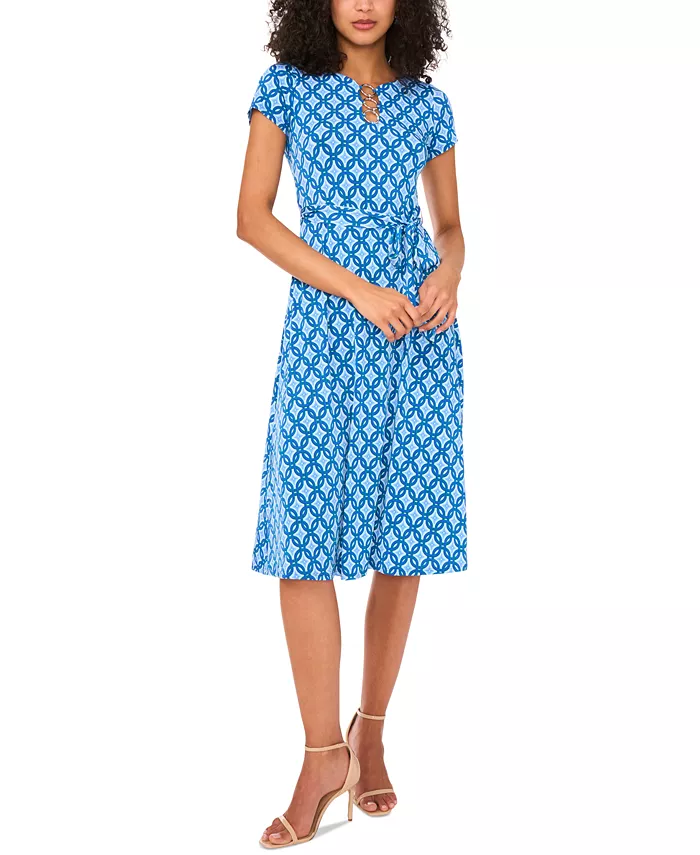 

Мини-платье с поясом на талии, короткими рукавами и декоративными кольцами Petite O-Ring-Trim Tie-Waist Short-Sleeve Dress MSK, синий