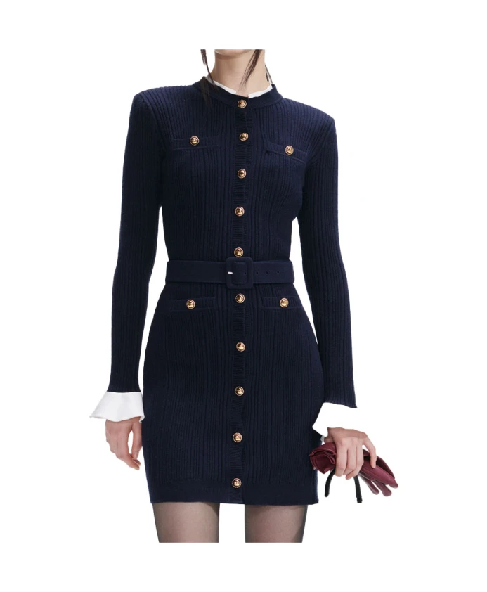 

Вязаное мини-платье темно-синего цвета с белыми деталями Self Portrait, синий