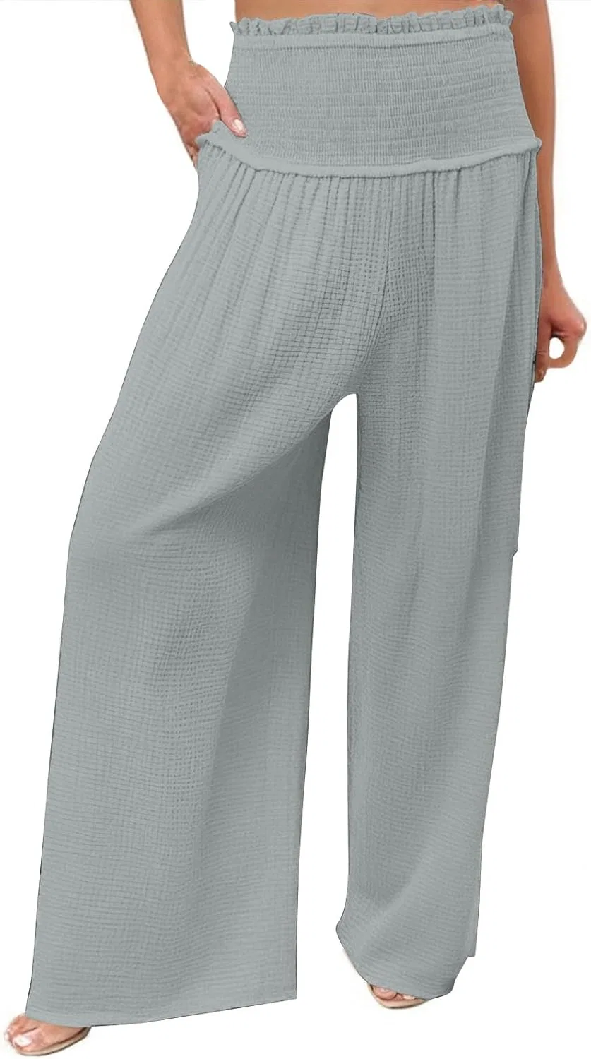 Женские эластичные палаццо с высокой талией, свободного кроя, повседневные широкие брюки, длинные лонгсливы, модные пляжные штаны с карманами Generic, серый