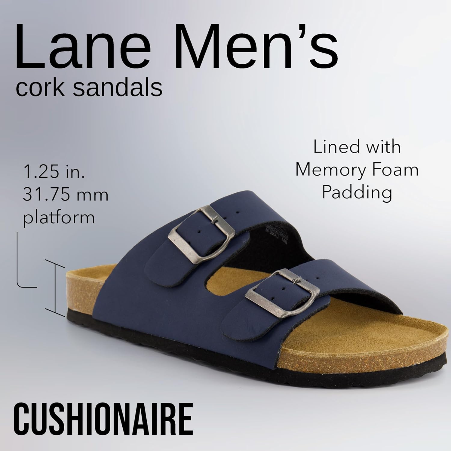 Мужские сандалии CUSHIONAIRE Lane с пробковой стелькой, регулируемые с пряжкой, комфортные шлепанцы, стелька из натуральной кожи, летняя обувь для мужчин, Navy Nubuck — фото 3