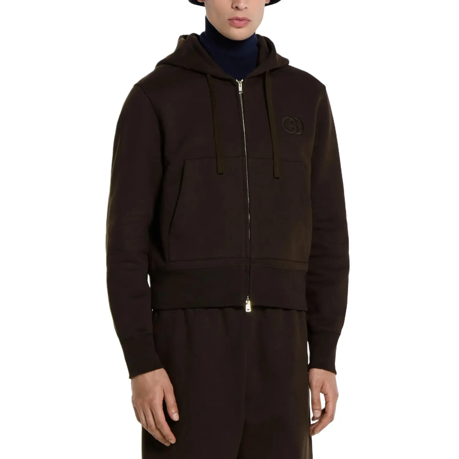 Brushed Cotton Jersey Zip Sweatshirt GUCCI, темно-коричневый — фото 4