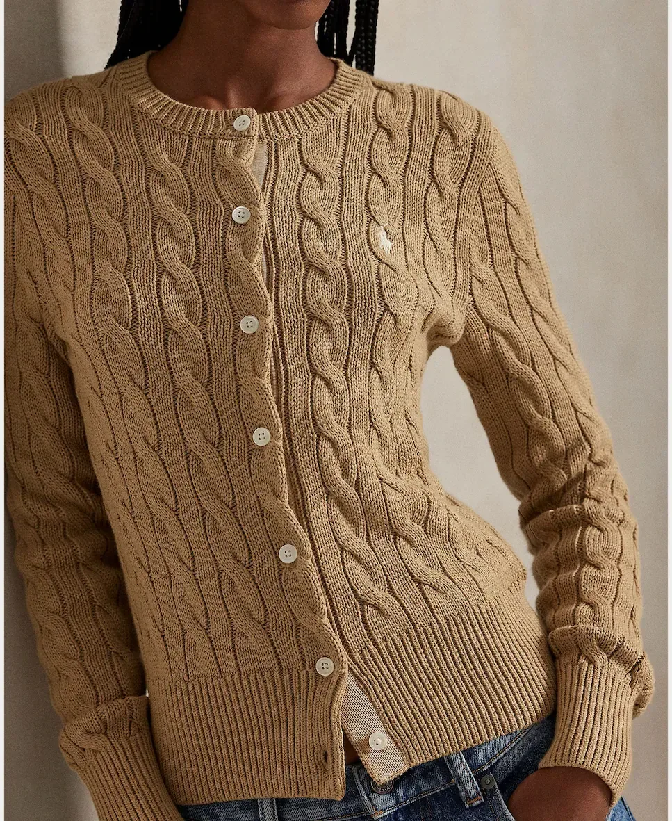Женский хлопковый кардиган с узором косы Polo Ralph Lauren, бежевый — фото 3