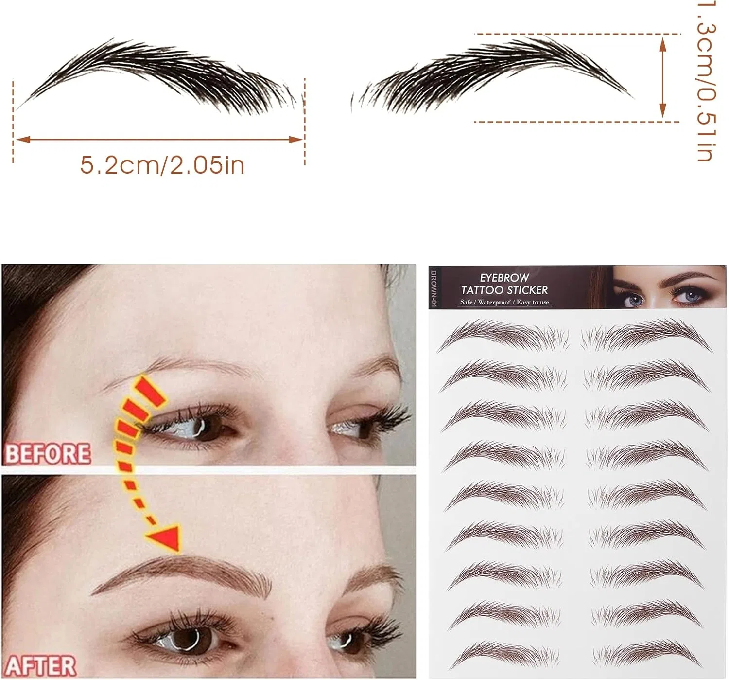 Стикеры для бровей NERVUP Brow Tattoo, водонепроницаемые, 4D, коричневые, 12 шт. — фото 4