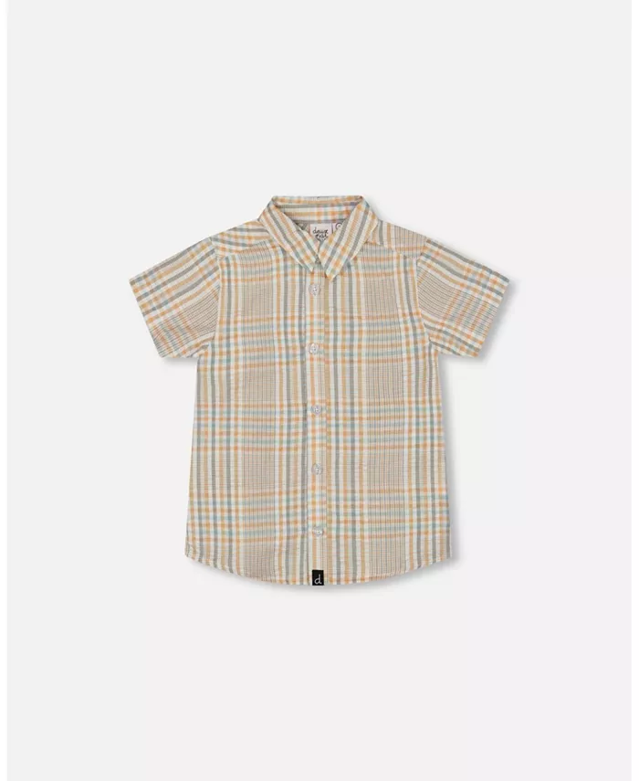 

Детская рубашка на пуговицах с коротким рукавом для мальчиков, бежево-шалфейная клетка - Toddler|Child Deux par Deux, коричневый/бежевый