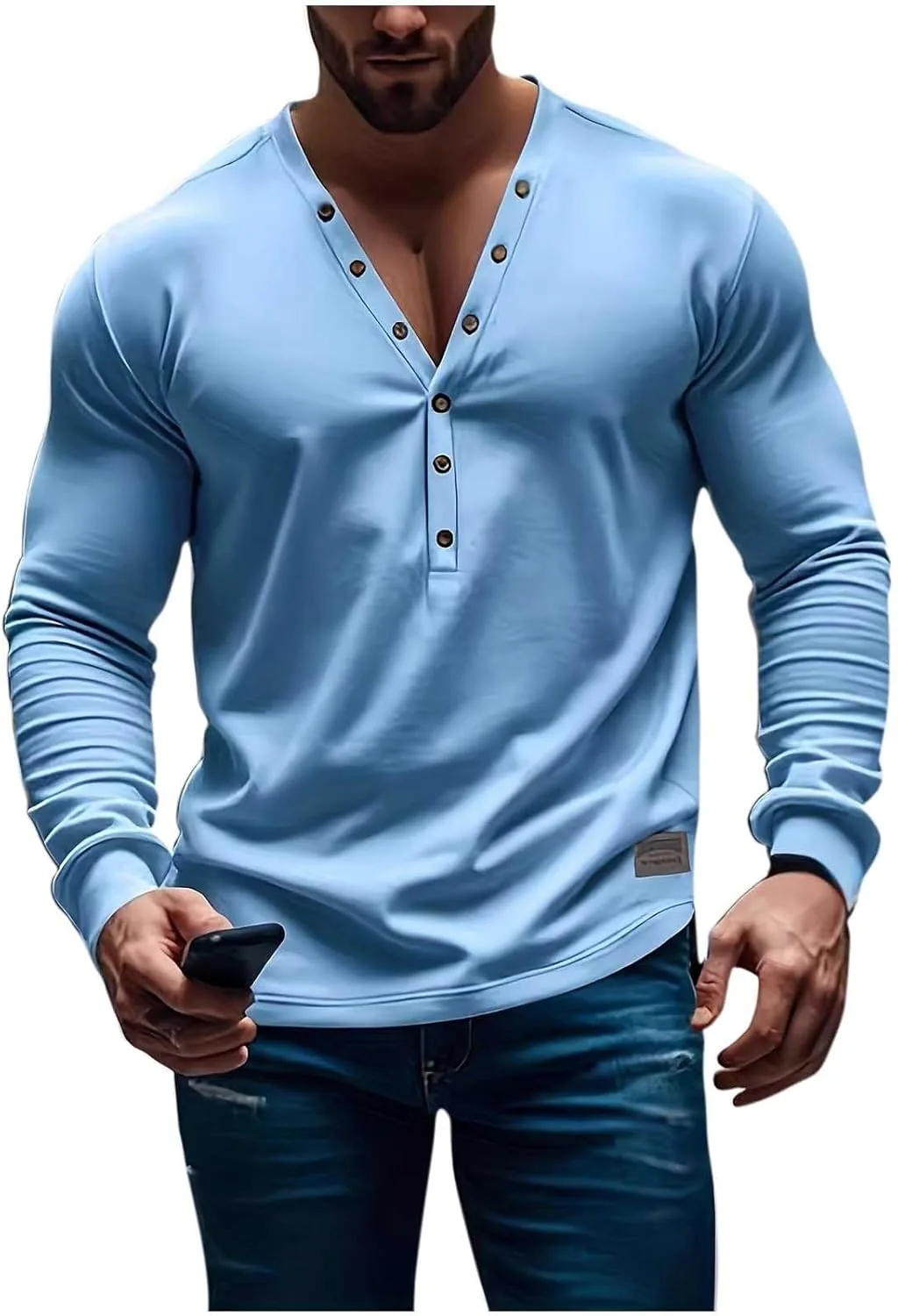 

Мужская футболка V-образным вырезом Fitness Henley, свободная с длинными рукавами Cambkatl