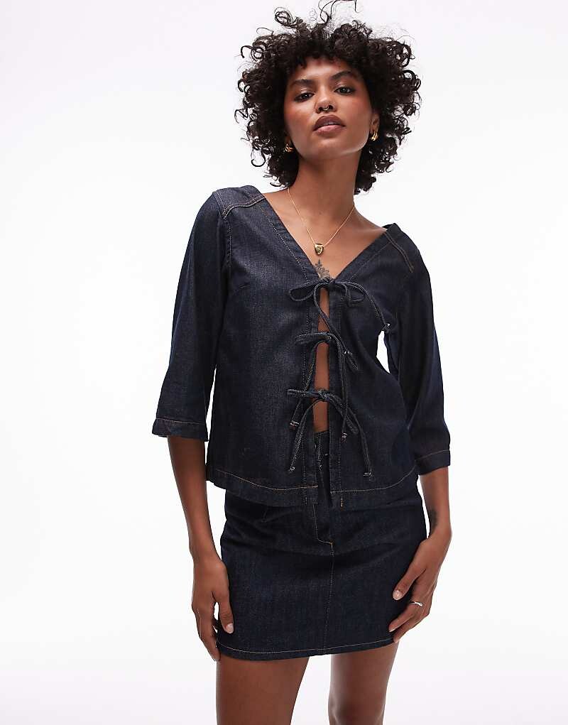 

Джинсовый топ Topshop цвета индиго со шнуровкой спереди и рукавами три четверти