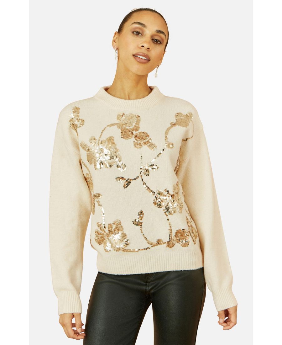 

Женский свитер свободного кроя с цветочным принтом и пайетками Yumi, Oatmeal