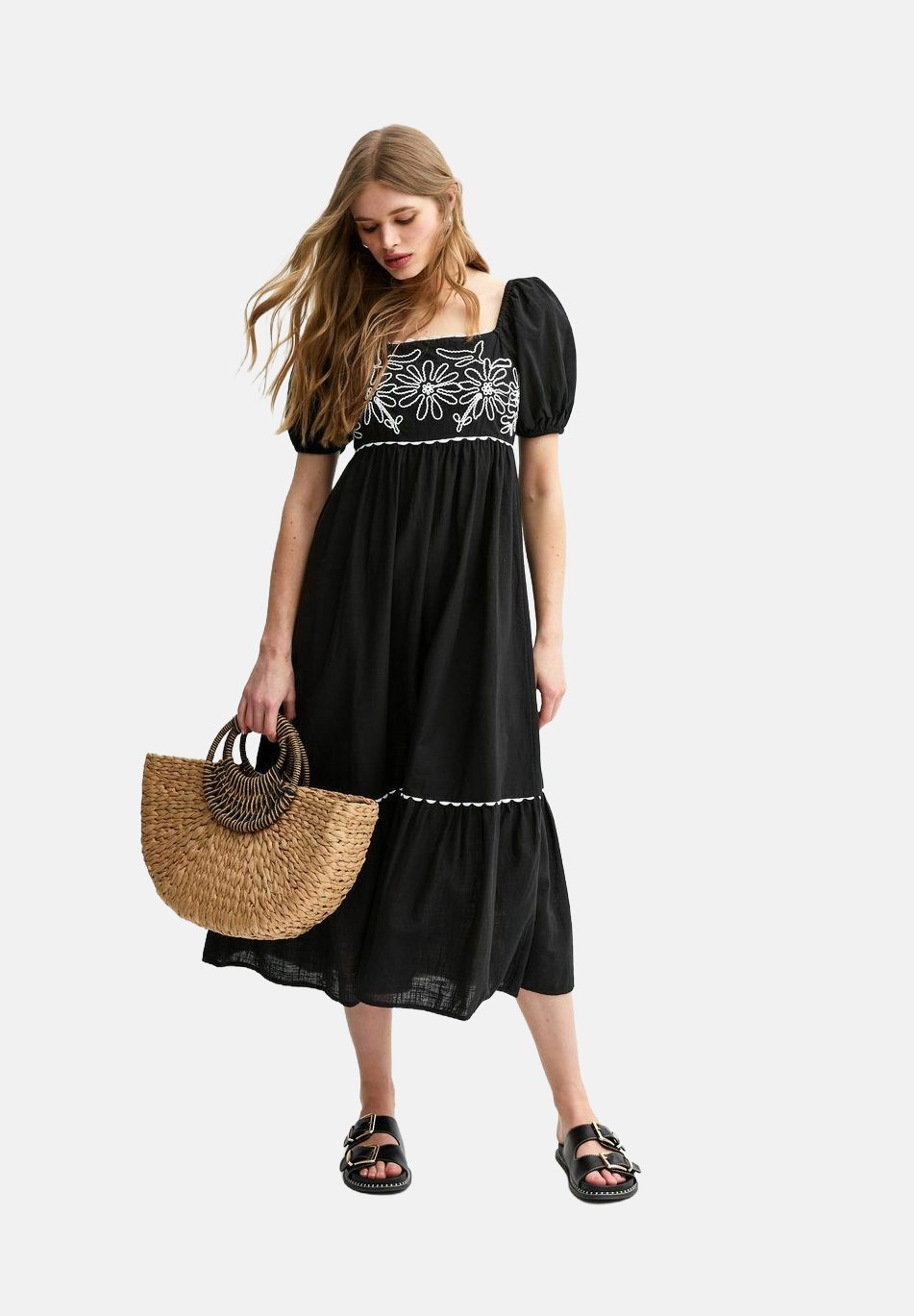 

Повседневное платье FLORAL EMBROIDERED MIDI SMOCK New Look, черный