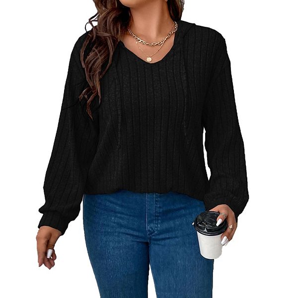 

Женский худи плюс сайз из ребристого трикотажа с длинными рукавами Xuba, Black, Черный, Женский худи плюс сайз из ребристого трикотажа с длинными рукавами Xuba, Black