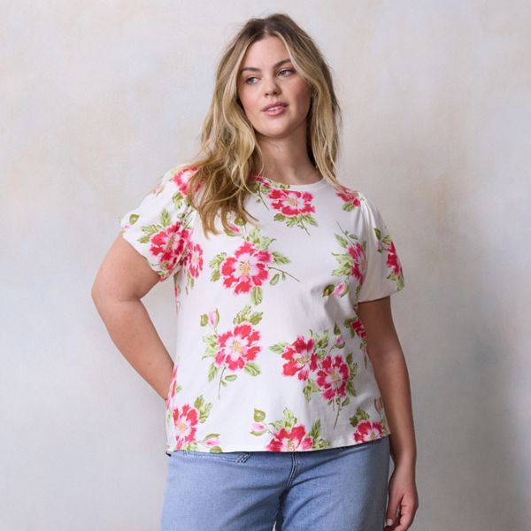 

Футболка с рукавами-пузырями больших размеров Lc Lauren Conrad, цвет white hibiscus kiss