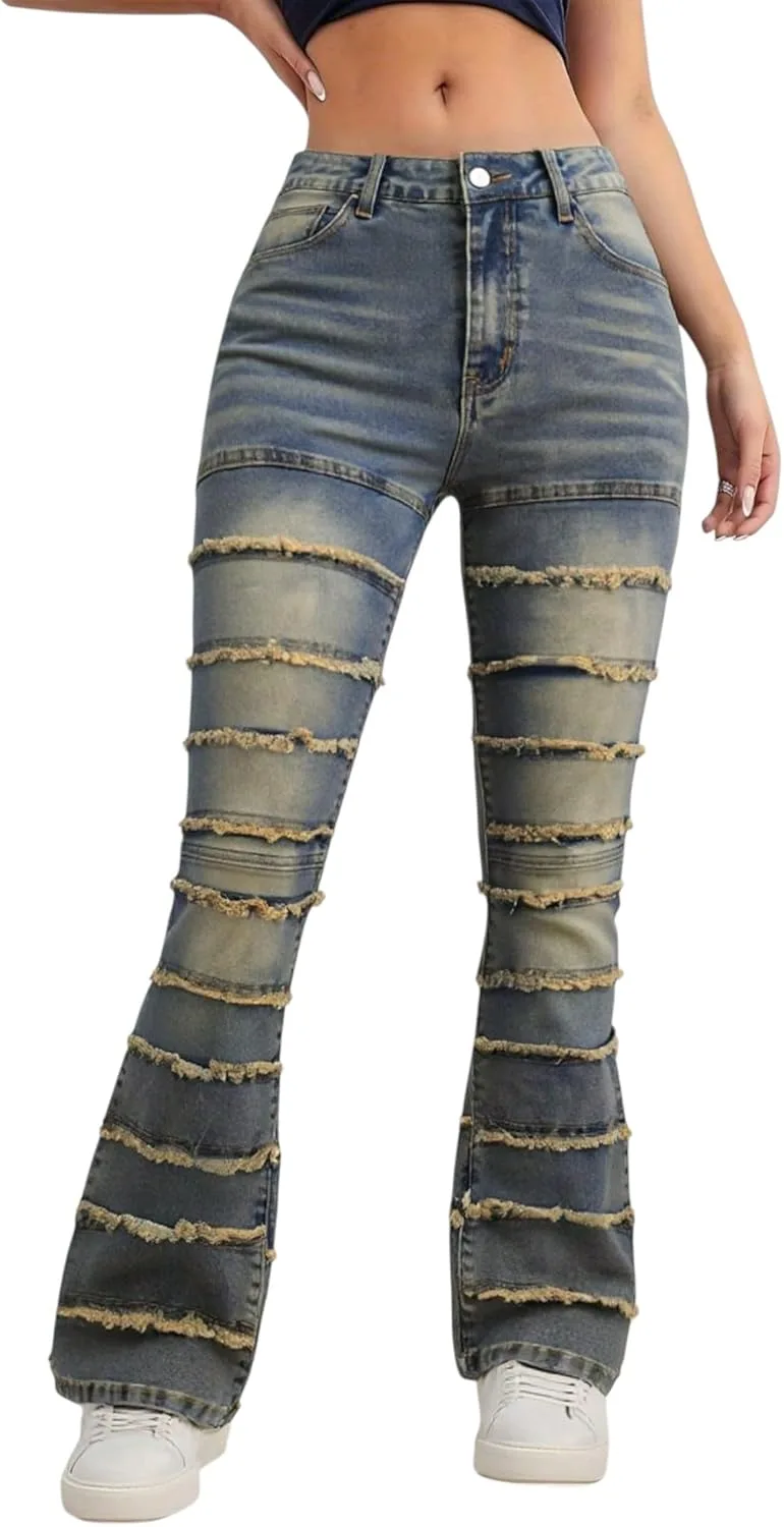 

Женские джинсы клеш с пачворком, стретч, низкая посадка