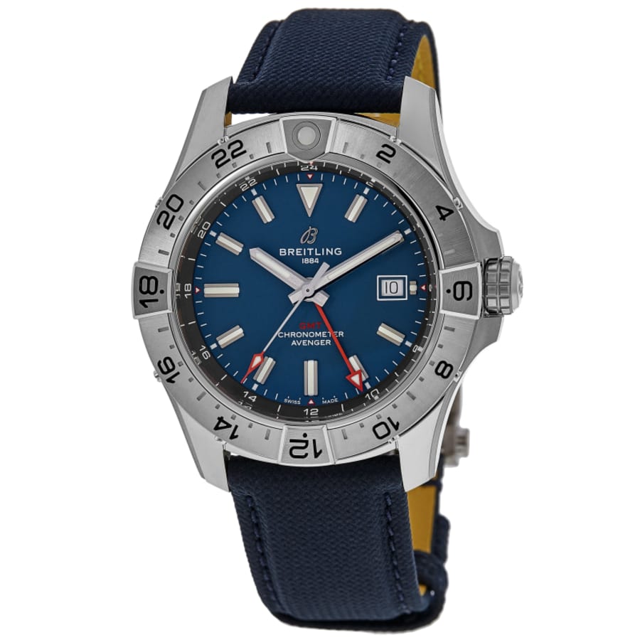 

Мужские часы Breitling Avenger Automatic GMT 44 с синим циферблатом и кожаным ремешком A32320101C1X1