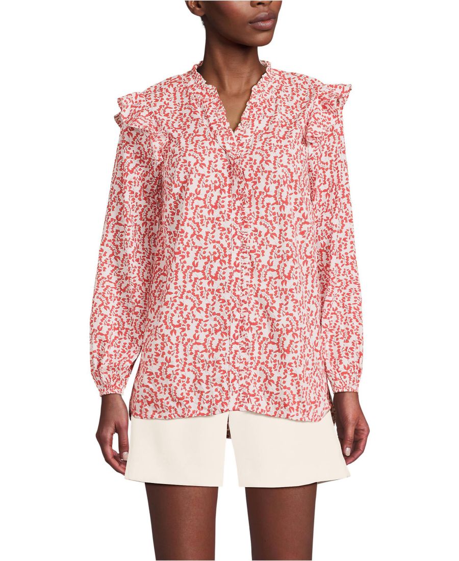 

Женская хлопковая вуалевая блузка с оборками спереди Lands' End, Dark orange floral vines