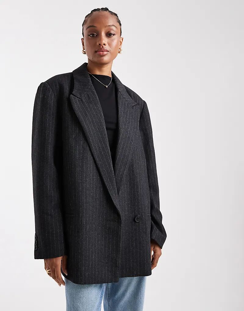 

Высокий пиджак в тонкую полоску из шерстяной смеси ASOS DESIGN темно-серого цвета