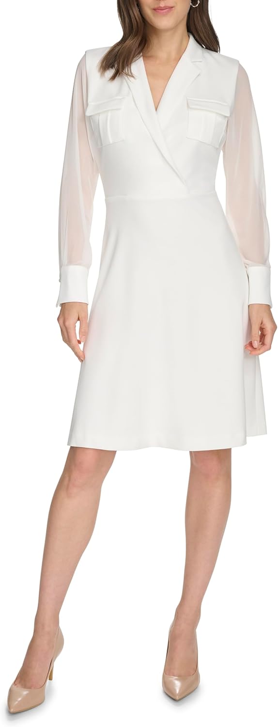 Женское платье-трапеция Calvin Klein из крепа-скуба с длинными рукавами, Wht/Wht — фото 2