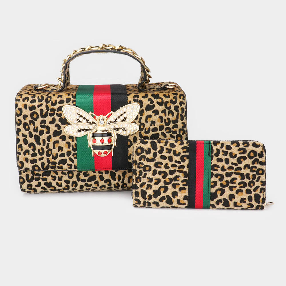 

2PCS - Honey Bee Accented Color Block Leopard Patterned Tote Bag Wallet Set FASHNZFAB
