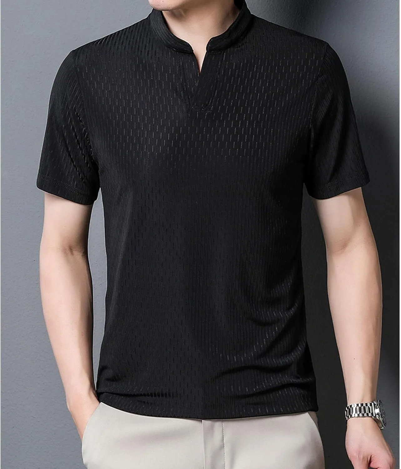Мужская повседневная футболка V-образным вырезом Henley из льда и шелка — фото 3