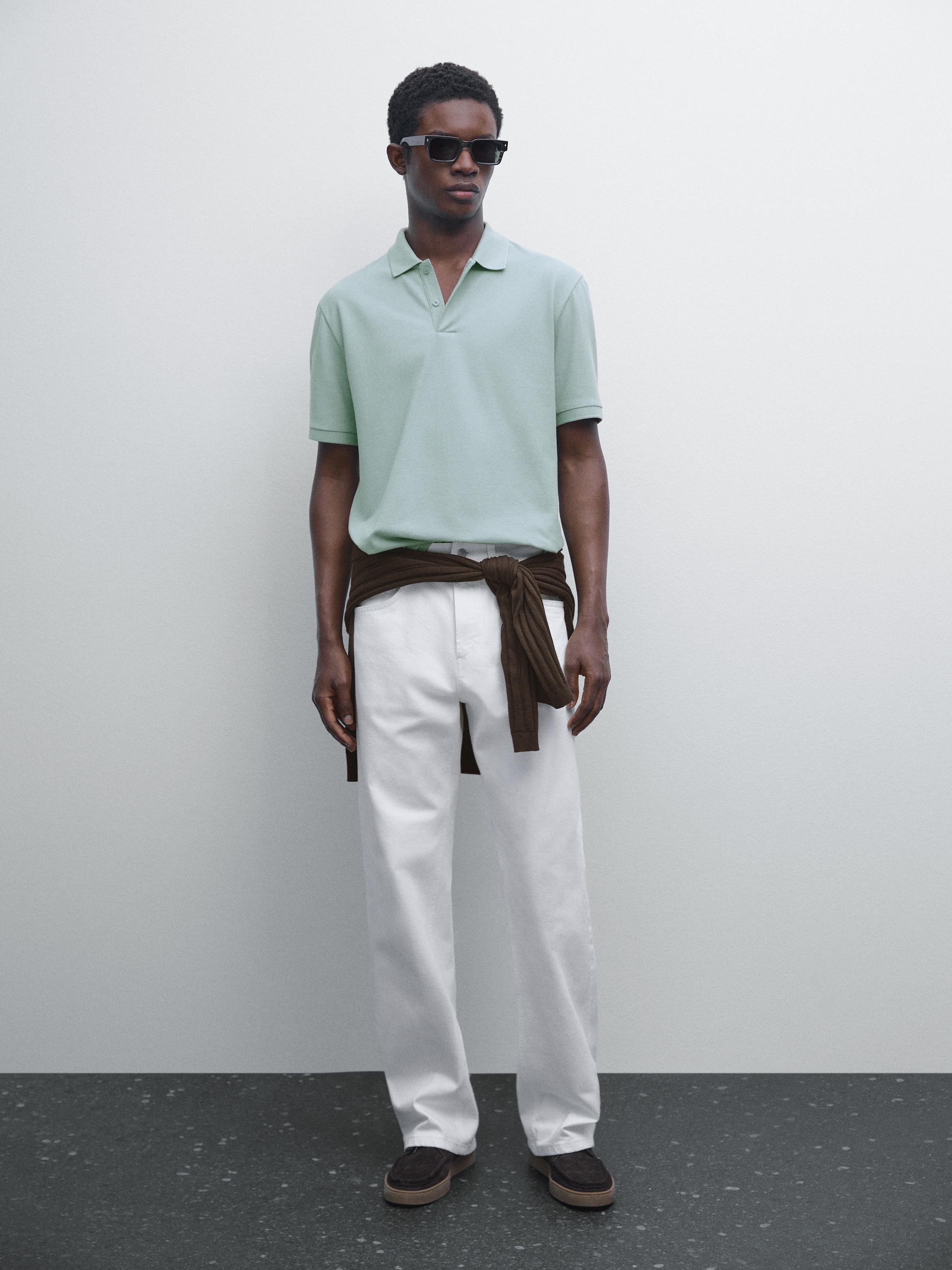 

Рубашка-Поло из микротекстурированного хлопка пике Massimo Dutti, пастельно-голубой