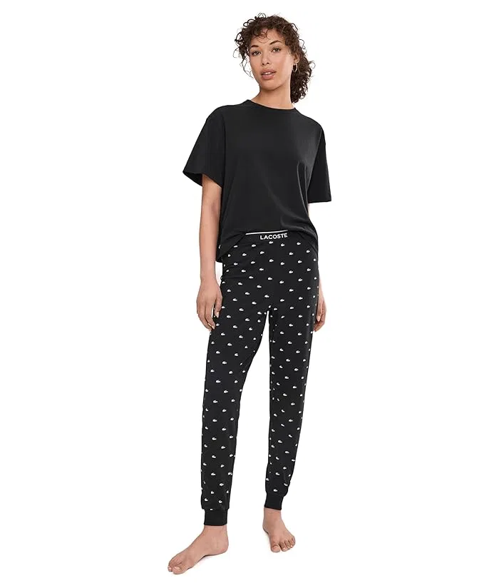 Пижамный комплект Lacoste Black/White, с принтом крокодила
