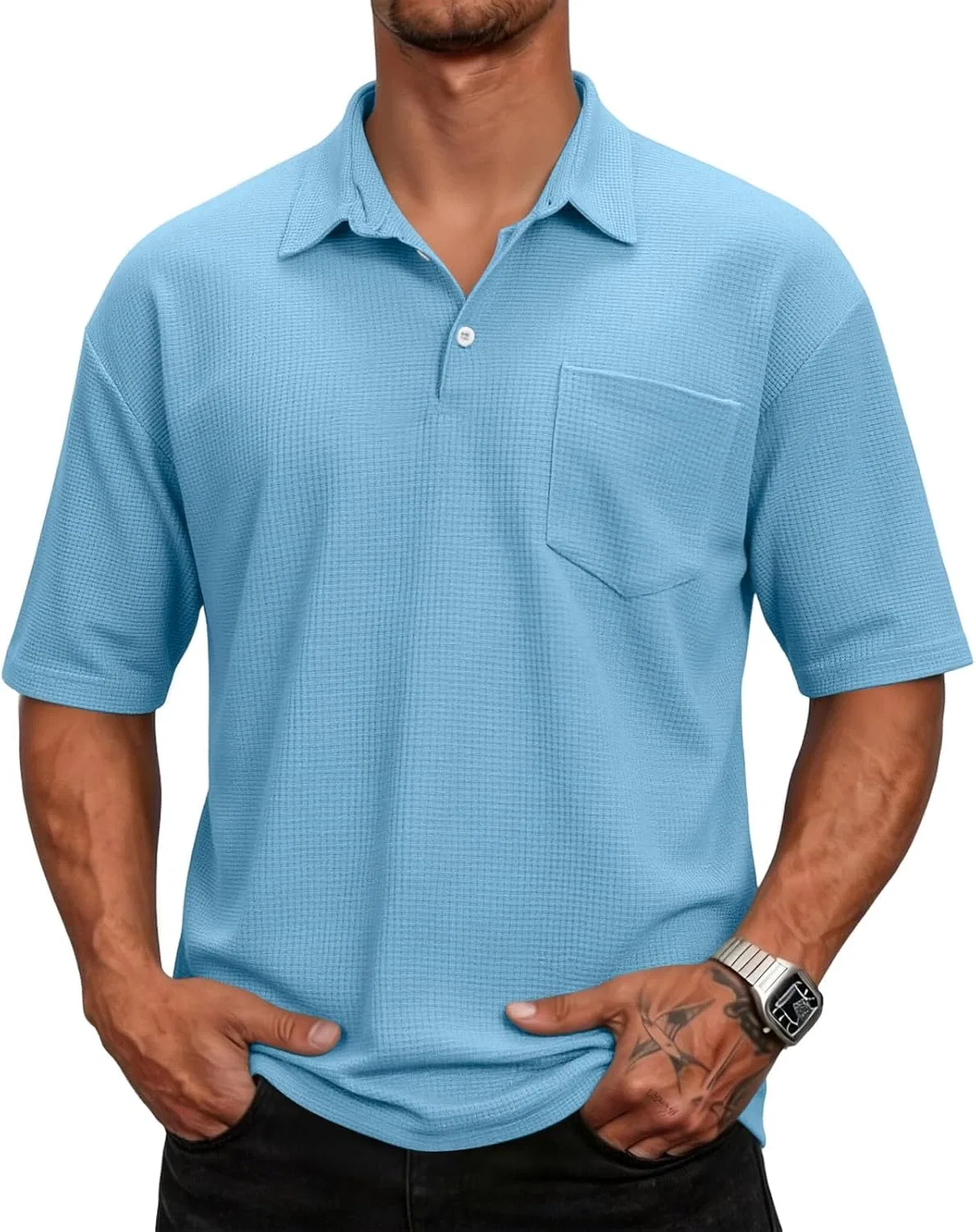 Мужское поло вафельной вязки с коротким рукавом, Sky Blue