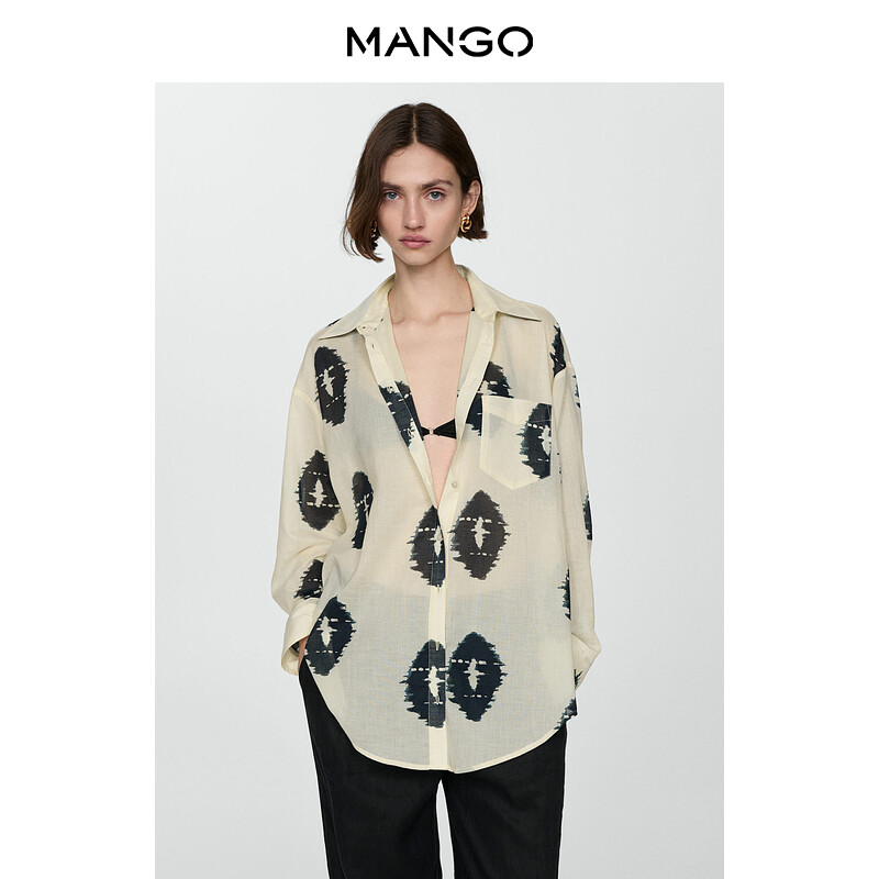 

Хлопковая полупрозрачная рубашка Mango с принтом, светло-бежевый