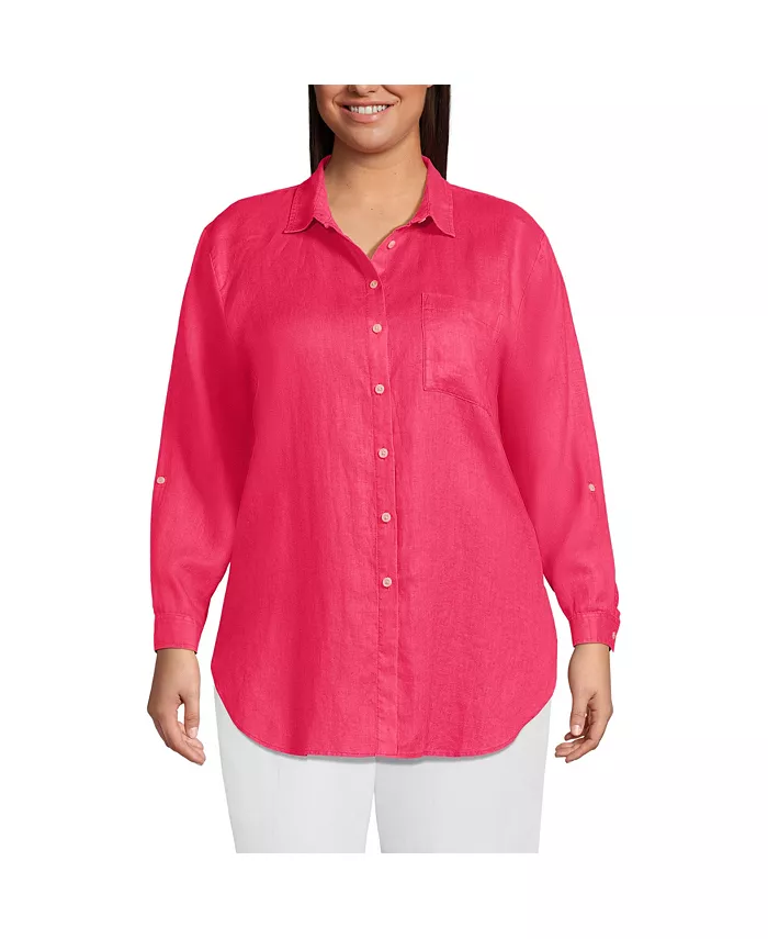 

Женская льняная туника большого размера с отворотами рукавов, свободная, свободного кроя Lands' End, розовый