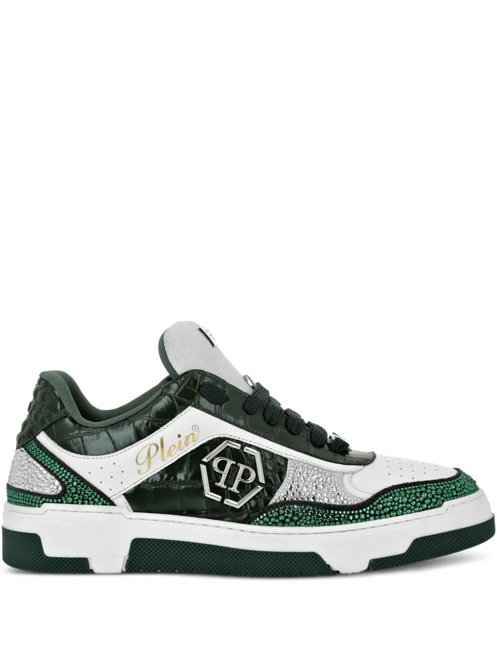 

Кроссовки с тиснением под крокодила и кристаллами Philipp Plein, зеленый