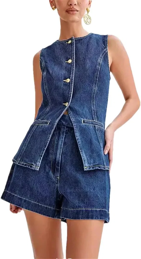 Женский костюм из джинсовой ткани, дышащий, Generic, джинсовый топ и шорты, Suit