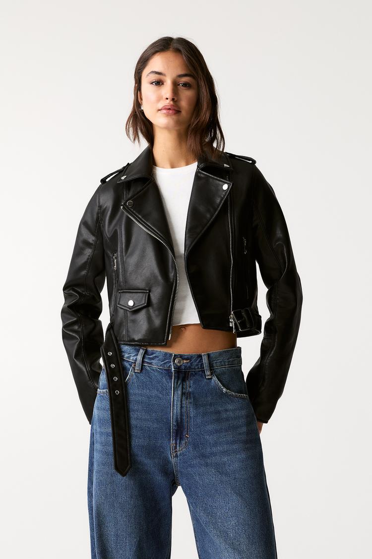 

Байкерская куртка из искусственной кожи Pull And Bear, черный