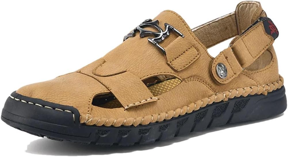 

Мужские дышащие римские сандалии, ручной работы, кожаные тапочки, пляжные сандалии, модный стиль гладиатора с липучкой Generic, желтый